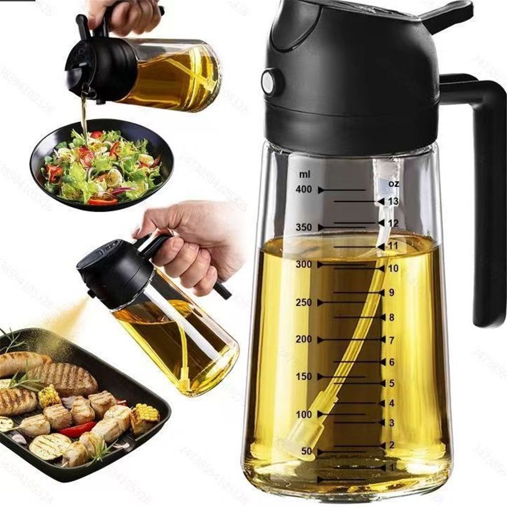 16oz/470ml Glass Olive Oil Sprayer for Cooking – 2 in 1 Olive Oil Dispenser Bottle for Kitchen Gadgets and Air Fryer Accessories, Salad, BBQ - Black & Green, Only Olive Oil Sprayer