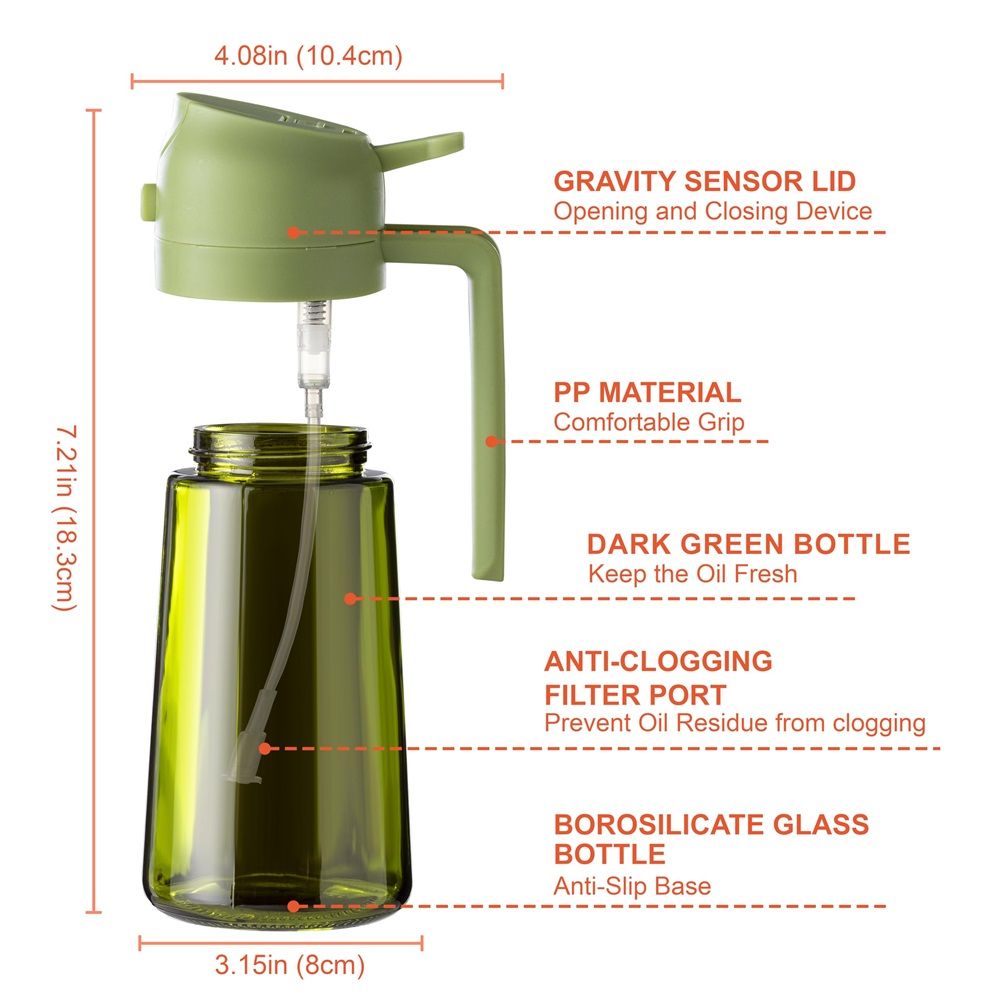 16oz/470ml Glass Olive Oil Sprayer for Cooking – 2 in 1 Olive Oil Dispenser Bottle for Kitchen Gadgets and Air Fryer Accessories, Salad, BBQ - Black & Green, Only Olive Oil Sprayer