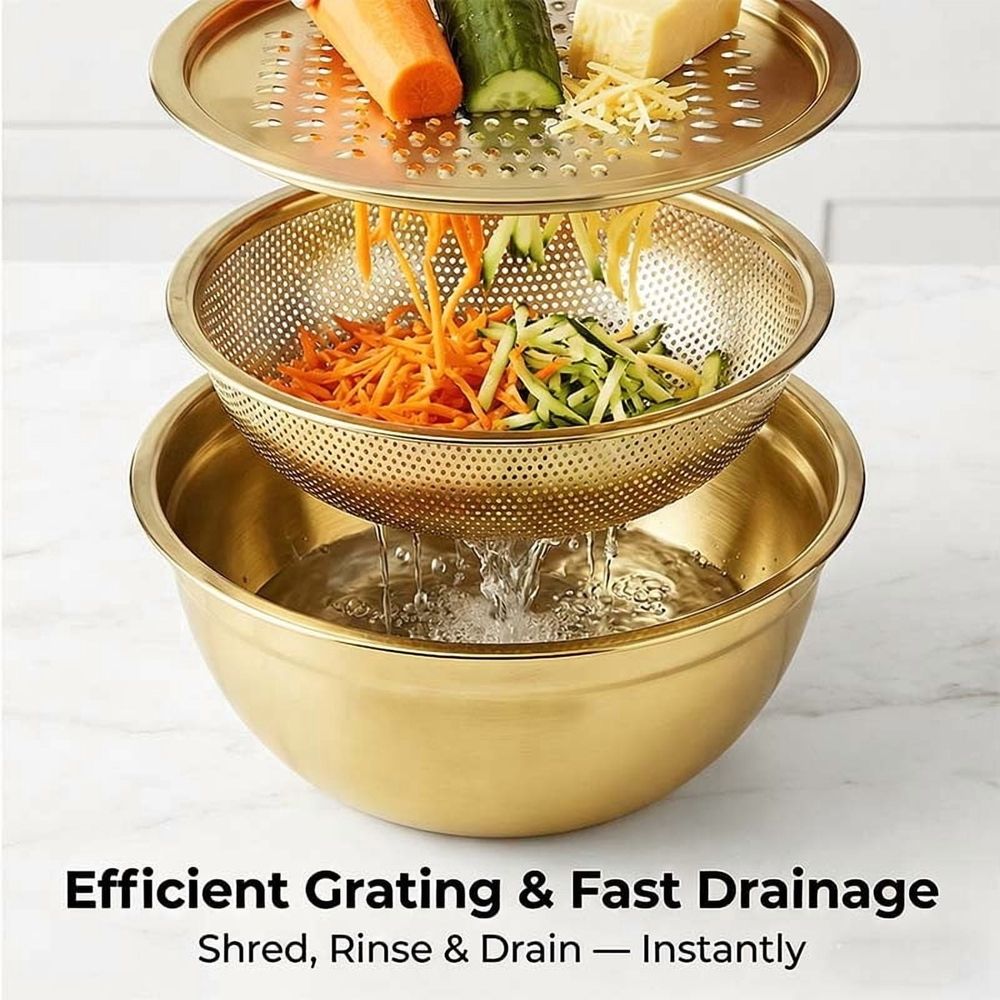 Multifunctional Stainless Steel 3-in-1 Kitchen Prep Set | Colander, Grater & Bowl with Julienne Blades | Dishwasher Safe, Space Saving, Durable