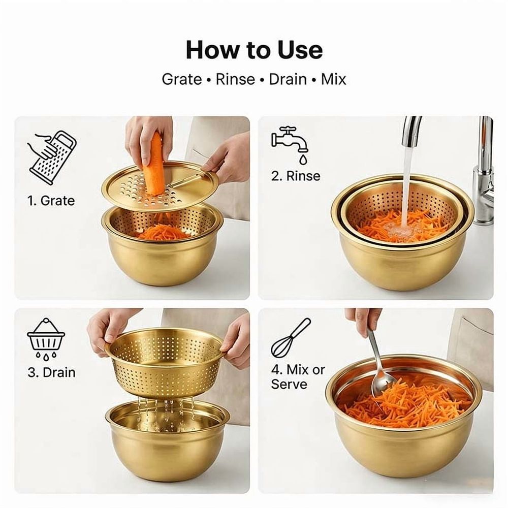 Multifunctional Stainless Steel 3-in-1 Kitchen Prep Set | Colander, Grater & Bowl with Julienne Blades | Dishwasher Safe, Space Saving, Durable