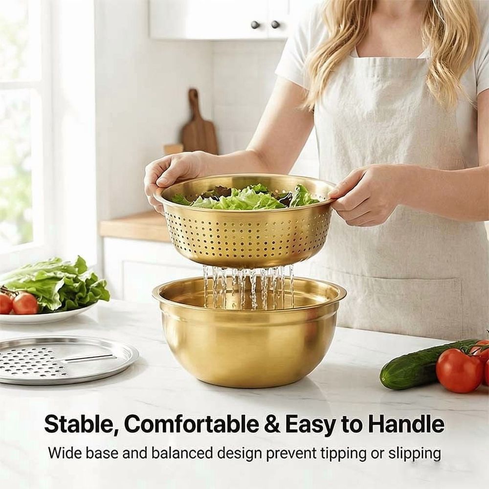 Multifunctional Stainless Steel 3-in-1 Kitchen Prep Set | Colander, Grater & Bowl with Julienne Blades | Dishwasher Safe, Space Saving, Durable