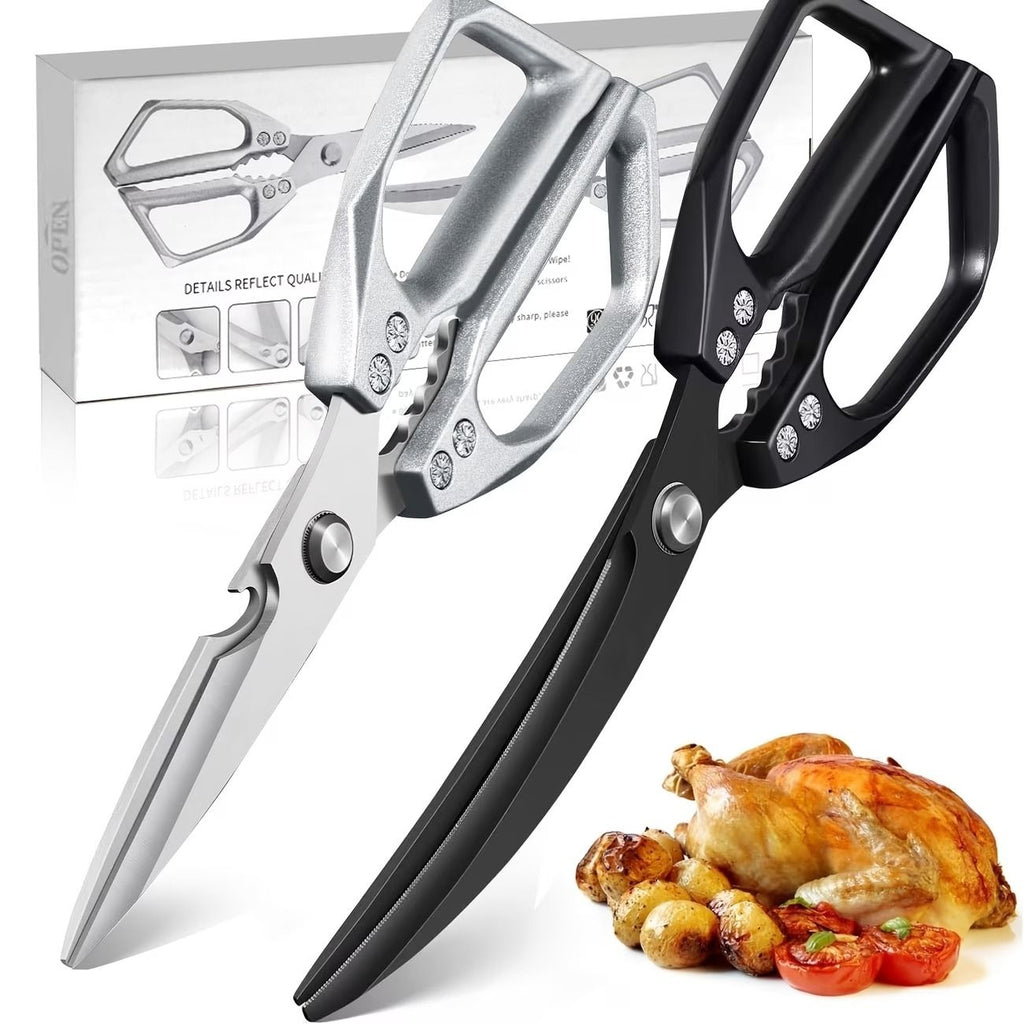 Heavy-Duty Multi-Function Kitchen Shears, Rust-Proof Alloy Serrated Blade, Cut Meat, Scale Fish, Open Bottles, Crack Nuts, Ergonomic Handle, Gift Box(Silver kitchen scissors+black barbecue scissors)