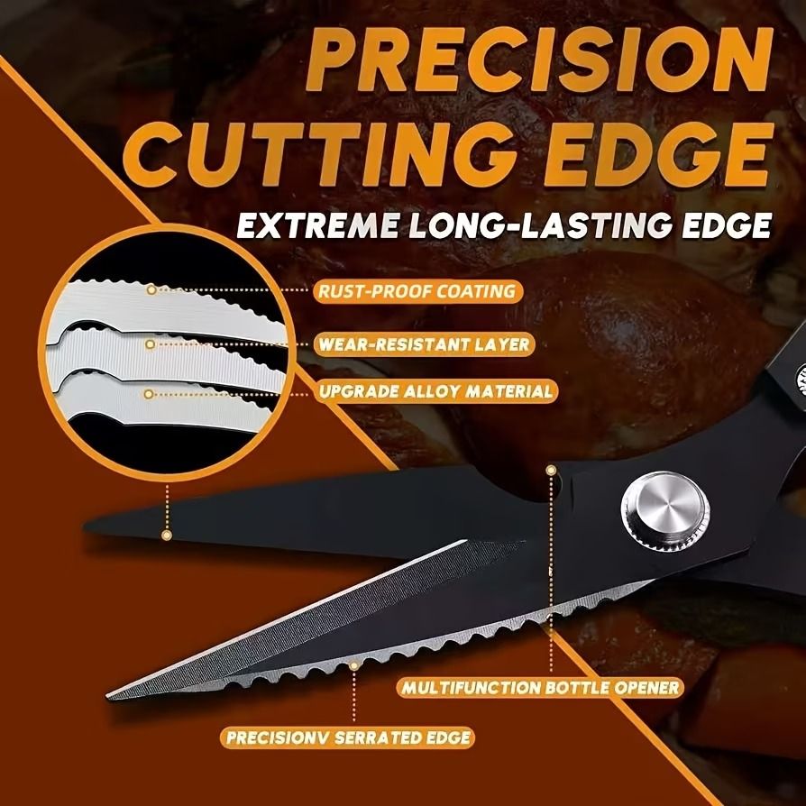 Heavy-Duty Multi-Function Kitchen Shears, Rust-Proof Alloy Serrated Blade, Cut Meat, Scale Fish, Open Bottles, Crack Nuts, Ergonomic Handle, Gift Box(Silver kitchen scissors+black barbecue scissors)
