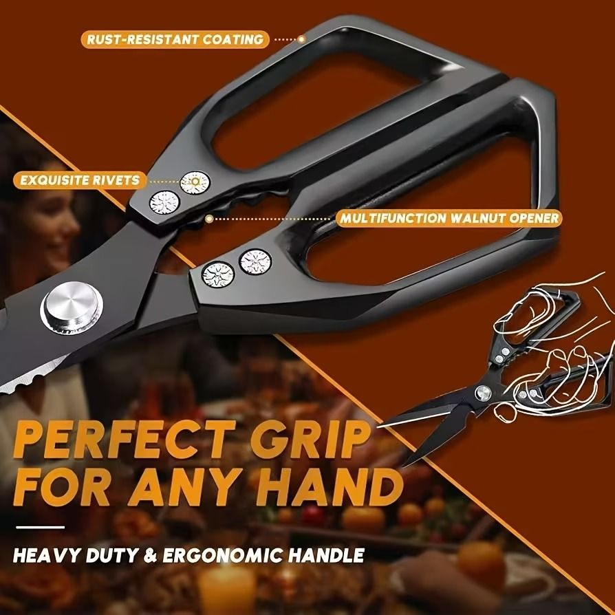 Heavy-Duty Multi-Function Kitchen Shears, Rust-Proof Alloy Serrated Blade, Cut Meat, Scale Fish, Open Bottles, Crack Nuts, Ergonomic Handle, Gift Box(Silver kitchen scissors+black barbecue scissors)