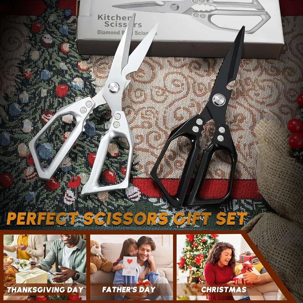 Heavy-Duty Multi-Function Kitchen Shears, Rust-Proof Alloy Serrated Blade, Cut Meat, Scale Fish, Open Bottles, Crack Nuts, Ergonomic Handle, Gift Box(Silver kitchen scissors+black barbecue scissors)