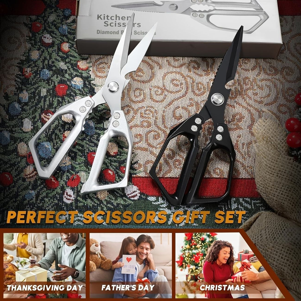 Heavy-Duty Multi-Function Kitchen Shears, Rust-Proof Alloy Serrated Blade, Cut Meat, Scale Fish, Open Bottles, Crack Nuts, Ergonomic Handle, Gift Box(Silver kitchen scissors+black barbecue scissors)