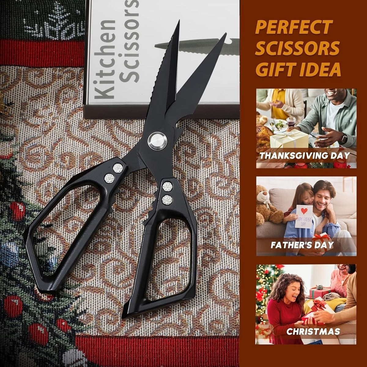 Heavy-Duty Multi-Function Kitchen Shears, Rust-Proof Alloy Serrated Blade, Cut Meat, Scale Fish, Open Bottles, Crack Nuts, Ergonomic Handle, Gift Box(Silver kitchen scissors+black barbecue scissors)