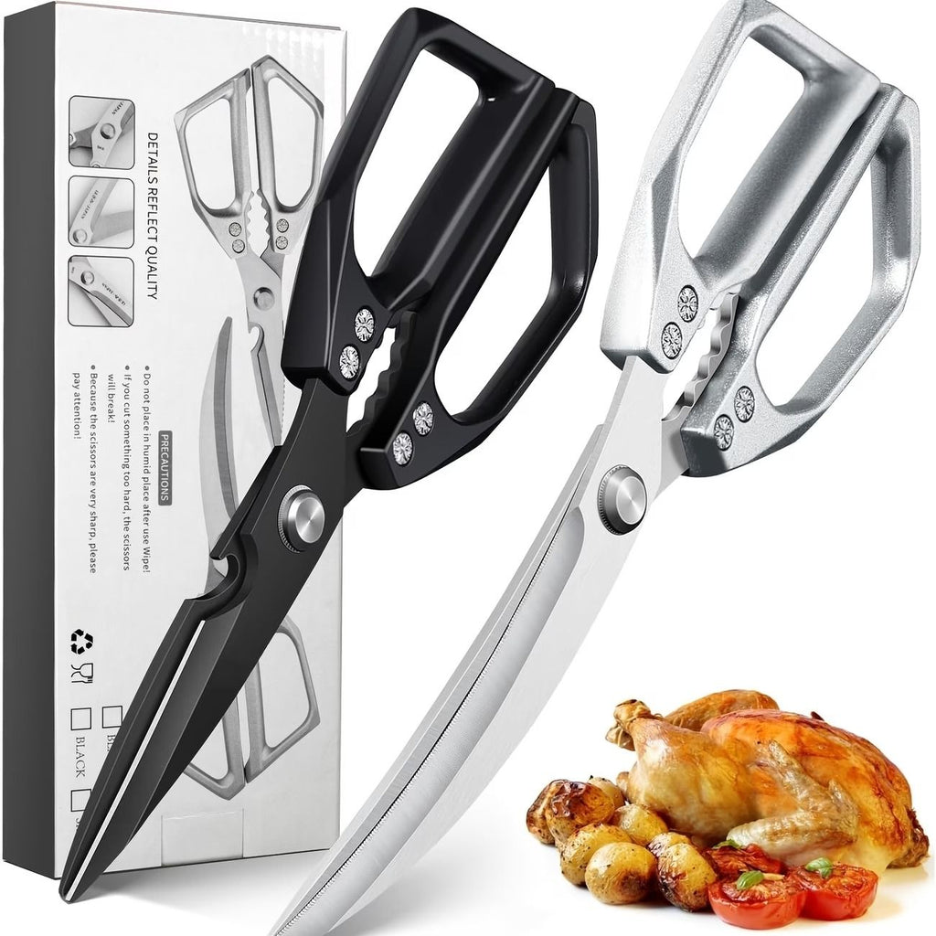 Heavy-Duty Multi-Function Kitchen Shears, Rust-Proof Alloy Serrated Blade, Cut Meat, Scale Fish, Open Bottles, Crack Nuts, Ergonomic Handle, Gift Box(Silver kitchen scissors+black barbecue scissors)