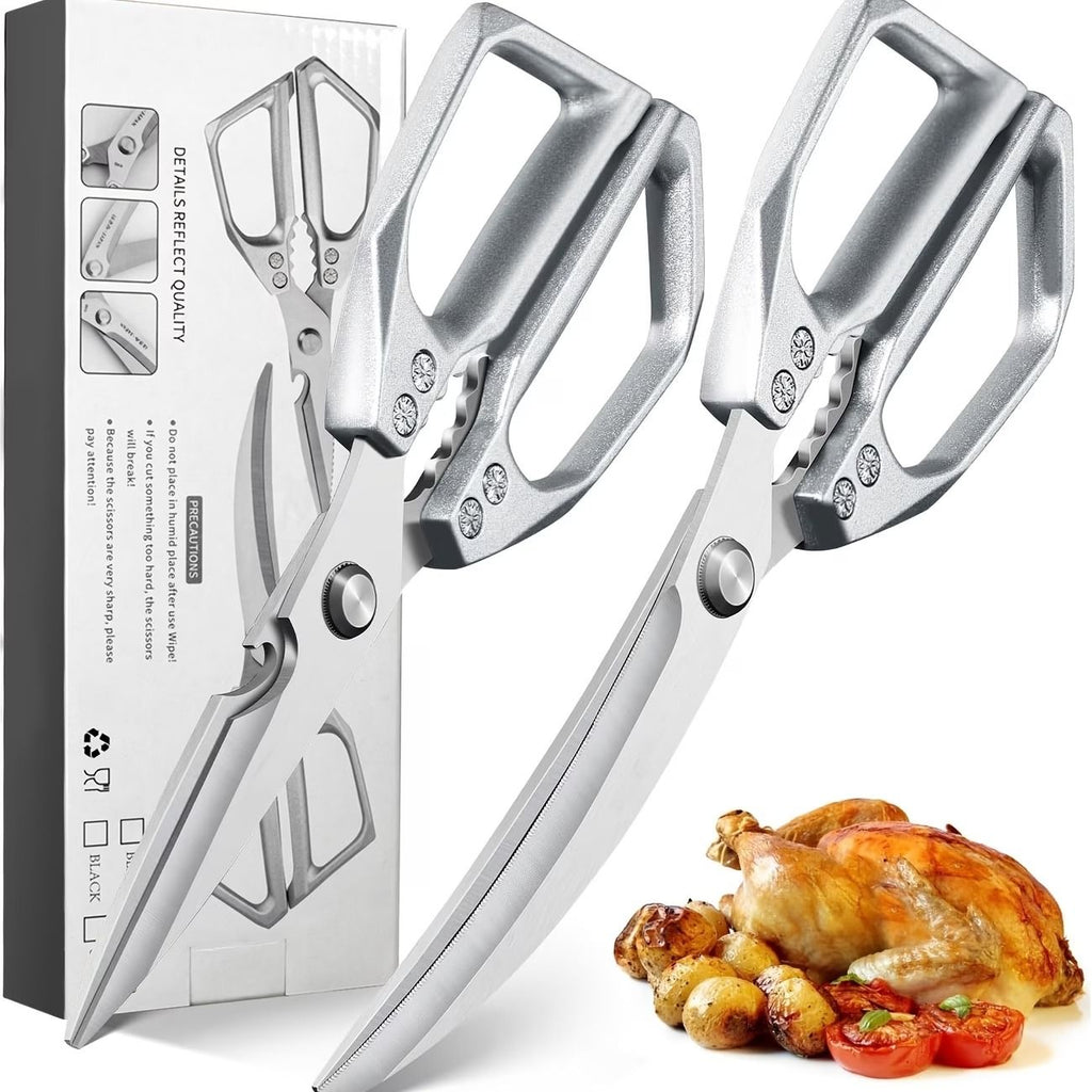 Heavy-Duty Multi-Function Kitchen Shears, Rust-Proof Alloy Serrated Blade, Cut Meat, Scale Fish, Open Bottles, Crack Nuts, Ergonomic Handle, Gift Box(Silver kitchen scissors+black barbecue scissors)