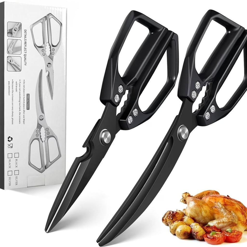 Heavy-Duty Multi-Function Kitchen Shears, Rust-Proof Alloy Serrated Blade, Cut Meat, Scale Fish, Open Bottles, Crack Nuts, Ergonomic Handle, Gift Box(Silver kitchen scissors+black barbecue scissors)